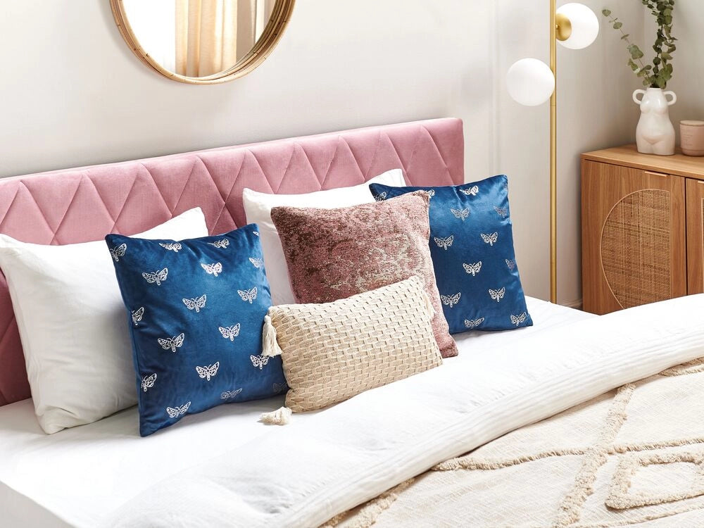 Set di 2 cuscini sparsi in velluto blu 45 x 45 cm Cuscino da lancio con motivo a farfalla Sfoderabile con imbottitura