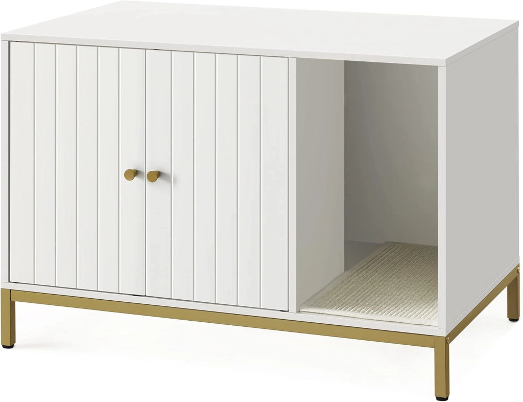Feandrea Mobile Lettiera per gatti Casa del WC per gatti con tappetino raschiante, piedi alti, tavolino, 80 x 50 x 55 cm, bianco e oro PCL007W01