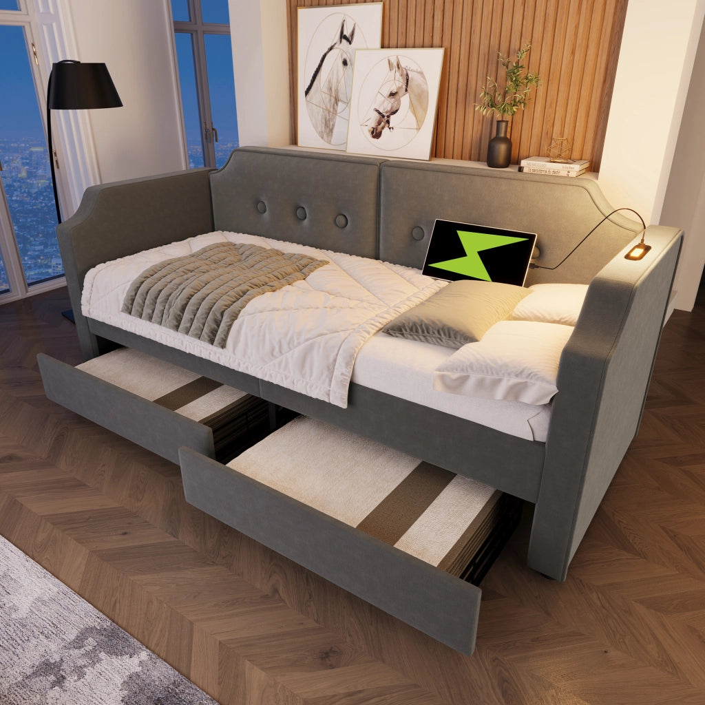 Letto imbottito 90x200 cm in velluto grigio con 2 cassetti, USB Type-C, lampada da lettura e rete a doghe