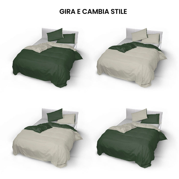 Copripiumino Matrimoniale con Sacco e Federe Double Face Verde Oliva/Panna