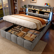 Letto imbottito ULEVR 140x200 cm con contenitore idraulico, LED, USB e Type-C, velluto grigio