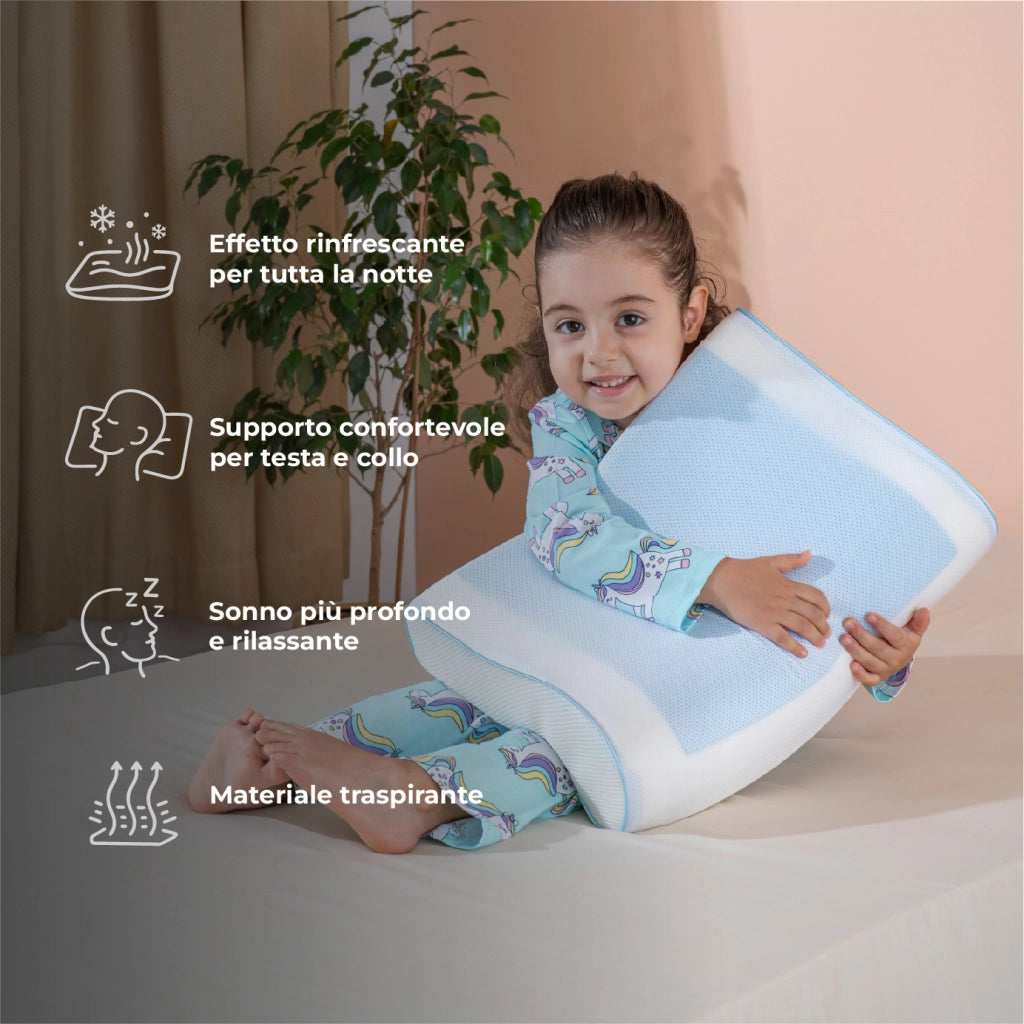 Cuscino Bambini Memory Foam Doppia Onda 45x31 cm (Altezza 10/7 cm) con Gel Rinfrescante Atossico – Supporto Testa e Collo, Traspirante, Federa Sfoderabile Lavabile