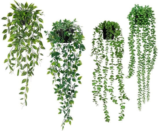4 pezzi di piante da appendere con vasi, piante artificiali a foglie di eucalipto in un vaso, piante artificiali come vere, piante da appendere per decorazione di casa e giardino
