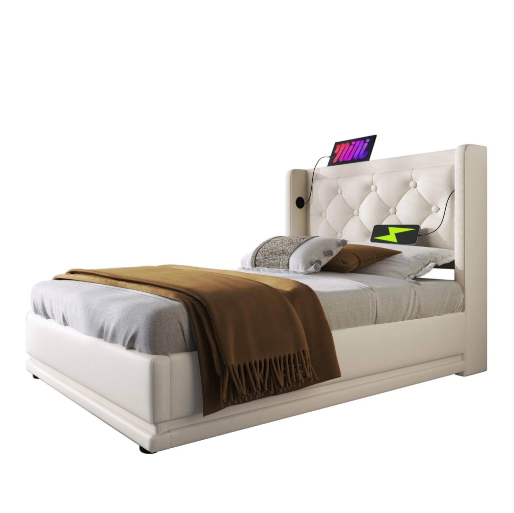 Letto singolo imbottito 90x200 cm con contenitore, LED a 3 lati e porte USB Type-C