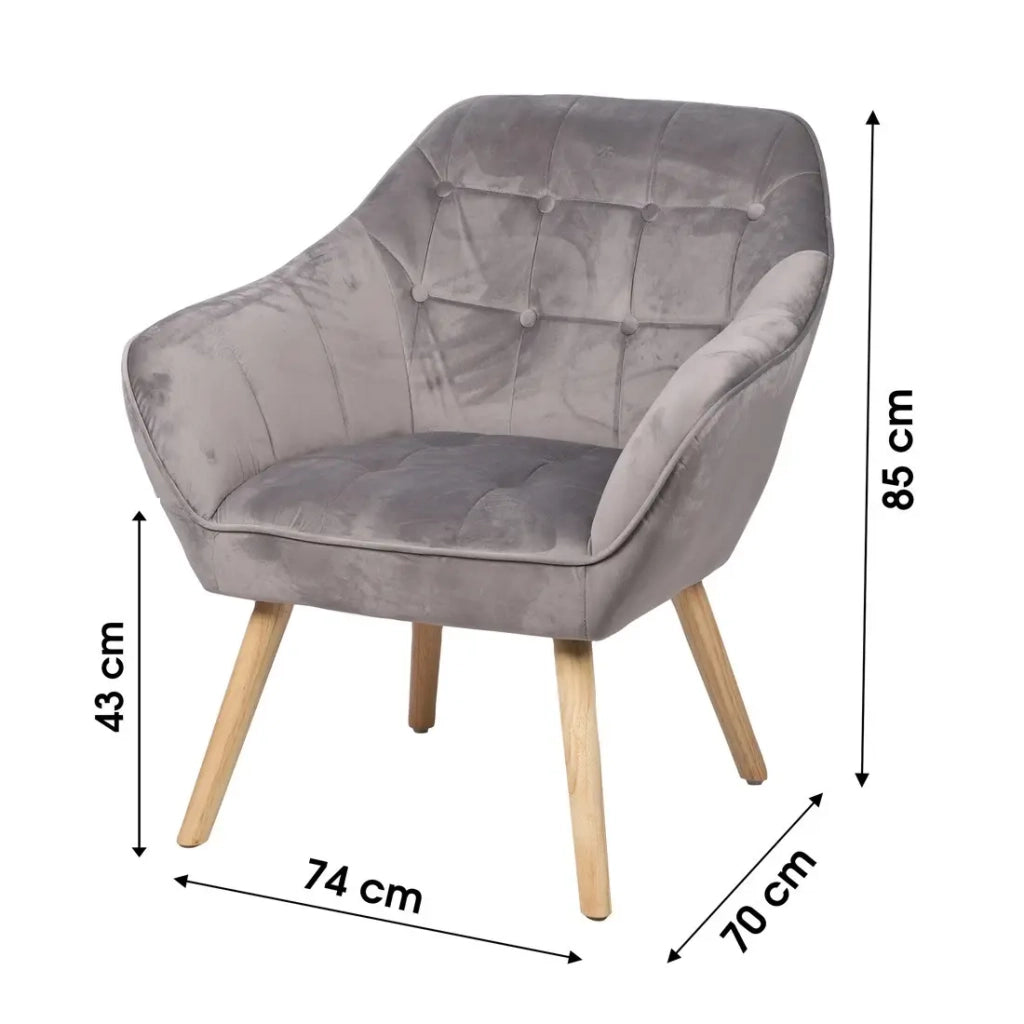 Poltrona in velluto grigio chiaro con piedi in legno - 74x70xH85 cm, altezza seduta 43 cm - Collezione VELUREA