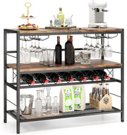 Mobile Portabottiglie di Vino e Calici da Terra, Scaffale Porta Vino su 3 Ripiani con Supporti per Bicchieri e Bottiglie, Tavolo Porta Vino da Bar, per Cucina e Soggiorno, Marrone Rustico