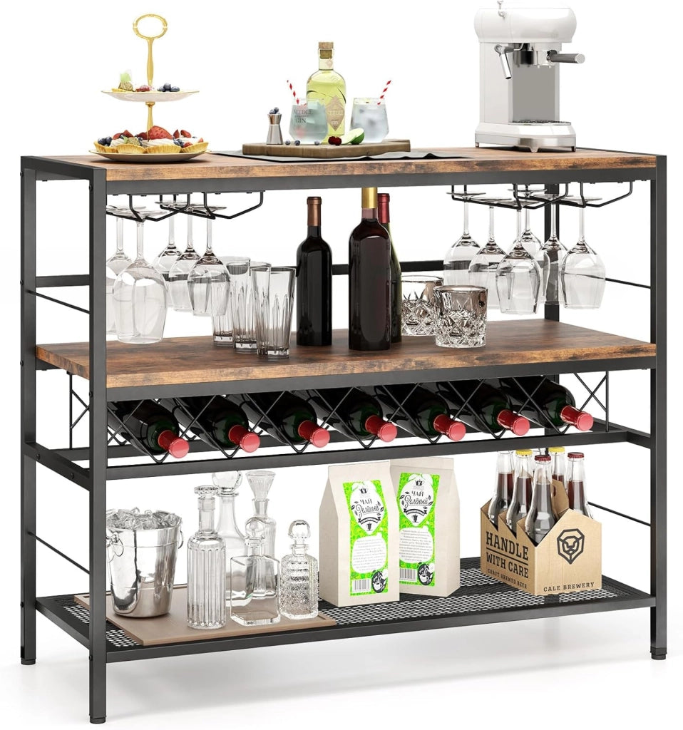 Mobile Portabottiglie di Vino e Calici da Terra, Scaffale Porta Vino su 3 Ripiani con Supporti per Bicchieri e Bottiglie, Tavolo Porta Vino da Bar, per Cucina e Soggiorno, Marrone Rustico