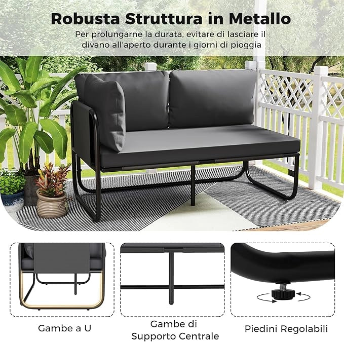 Divano da Esterno a 2 Posti, Divano con Cuscini Rimovibili, Bracciolo Laterale, Struttura in Metallo Robusta, Lettino Prendisole per Giardino Balcone, Portata 300 kg