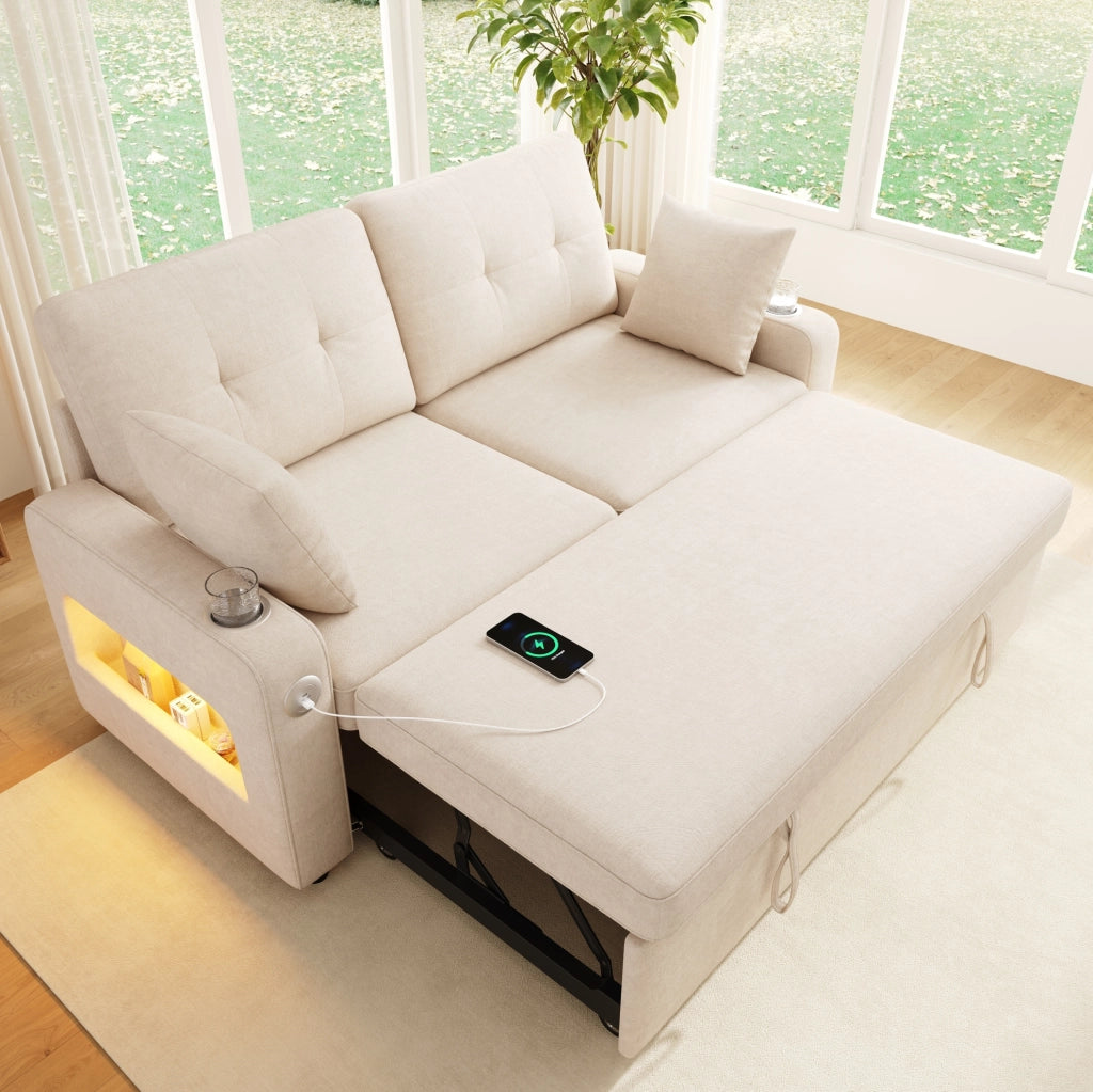 Divano letto estraibile 2 posti in ciniglia beige con LED; USB/Type-C e contenitore HOMVRA