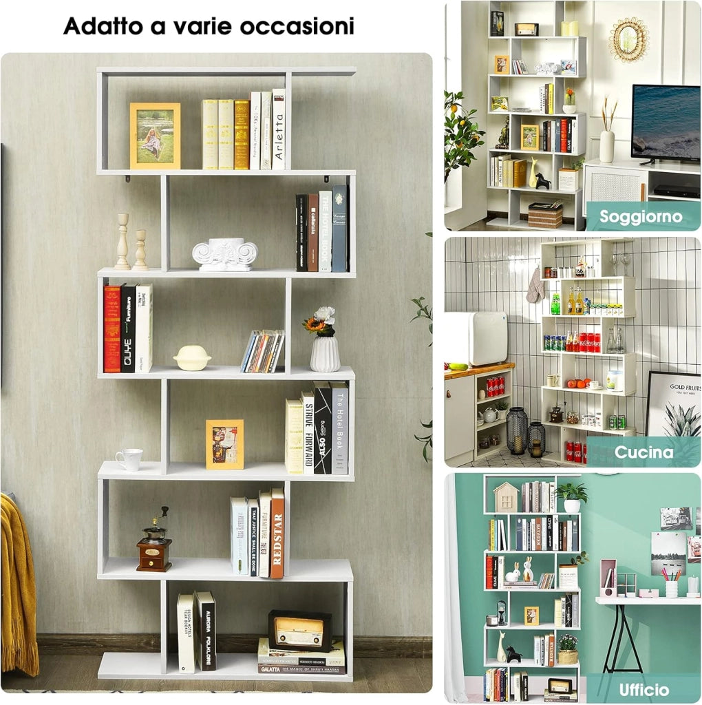 Libreria in Legno Scaffale Multifunzionale a 6 Ripiani per Piante e Libri per Ufficio Casa Ripiano a Forma di S, 80 x 23 x 192 cm (Bianco)