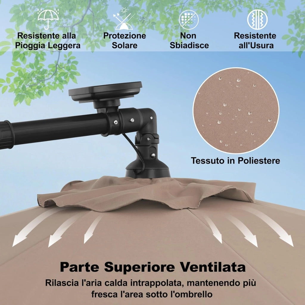 Ombrellone da Giardino 300 cm, 40 Luci LED Solari, Anti-UV, Inclinazione Regolabile, Manovella, 8 Stecche per Esterno Piscina Patio (Marrone)