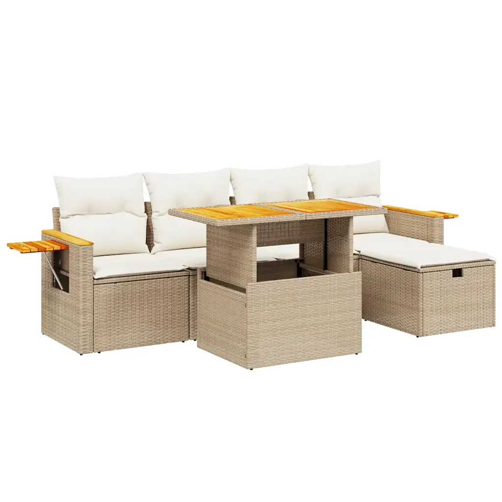 Set Divano da Giardino 6 pz con Cuscini Beige in Polyrattan
