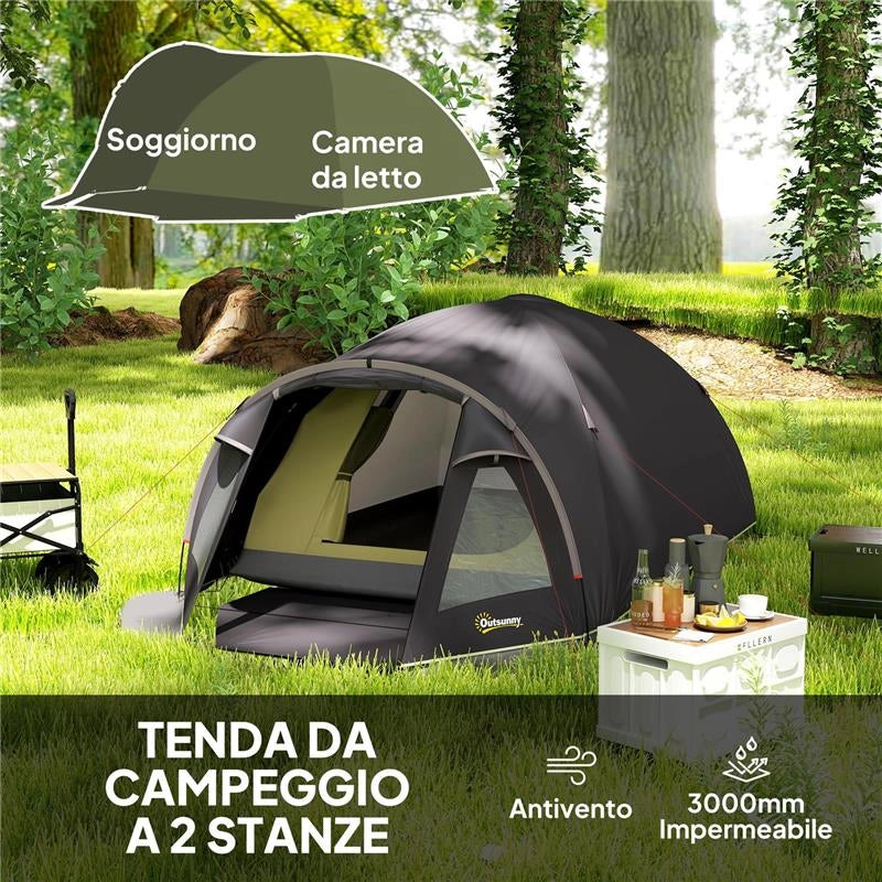 TENDA A TUNNEL PER 2-4 PERSONE CON FINESTRE LATERALI E GANCIO IN POLIESTERE 190T E PE 3.3X1.9X1.2 M NERO