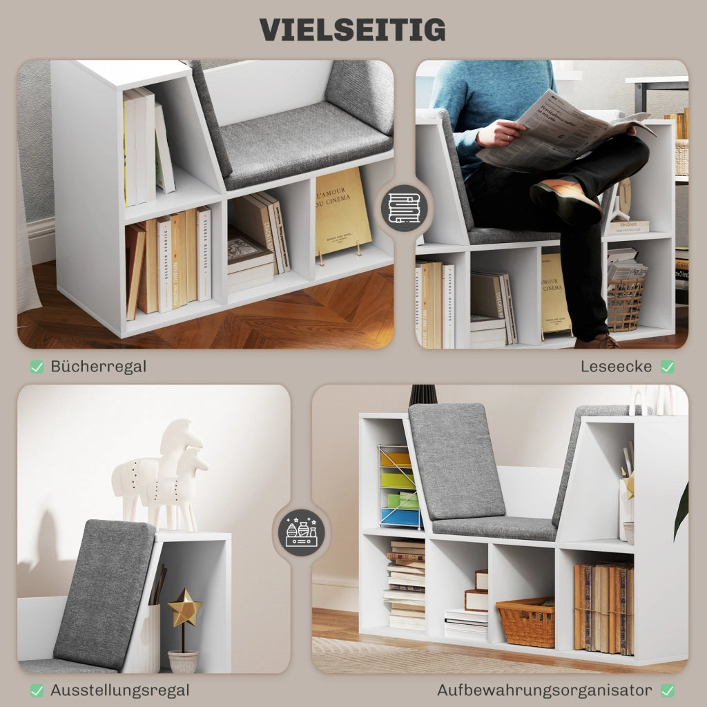 Libreria con seduta imbottita e 6 vani, bianca, 105x30x63 cm