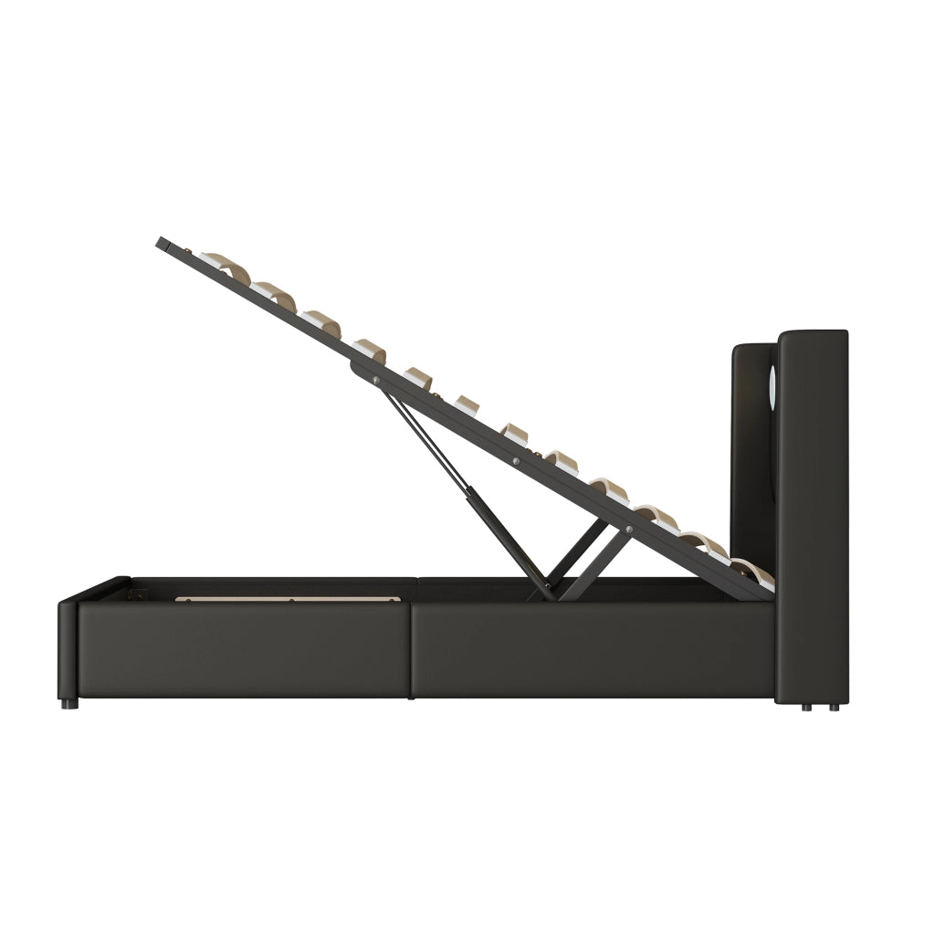 DESMIU Letto per bambini 90 × 200 cm con LED, Bluetooth e USB, vano idraulico, senza materasso, nero