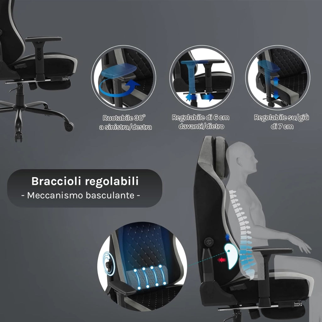 Sedia Gaming, Sedia da Corsa con Spugna Integrata a Lunga Durata e Supporto Lombare Adattivo Incorporato, Velluto, Nero + Grigio, GS05szg