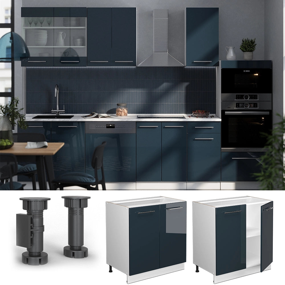 Vicco Mobile lavello cucina Blu scuro lucido 80 cm con ripiano, senza piano di lavoro
