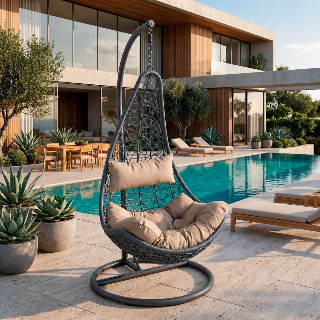 Poltrona Sospesa Da Giardino Con Seduta In Polyrattan Struttura Autoportante In Metallo Cuscino Con Poggiatesta Beige Arredo Outdoor Terrazza Balcone E Veranda 105 X 195 Cm Nero