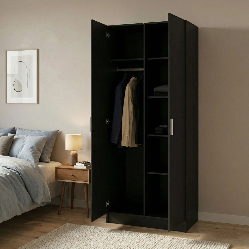 Armadio Camera da Letto Argor, Guardaroba 2 Ante Appendiabiti, 78.7x200.9h cm Nero