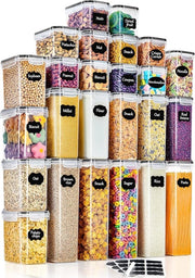 Set di contenitori in plastica a chiusura ermetica, 25 pezzi, organizzatore di cucina, con coperchio, adatto per la conservazione di muesli, farina, chicchi di caffè, cornflakes, spaghetti, ecc., dimensioni: 2,8 l, 2 l, 1,4 l, 0,8 l