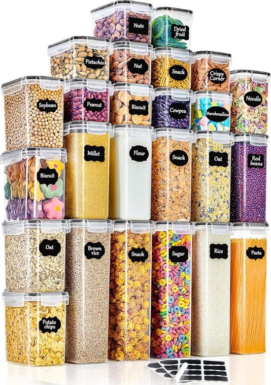 Set di contenitori in plastica a chiusura ermetica, 25 pezzi, organizzatore di cucina, con coperchio, adatto per la conservazione di muesli, farina, chicchi di caffè, cornflakes, spaghetti, ecc., dimensioni: 2,8 l, 2 l, 1,4 l, 0,8 l