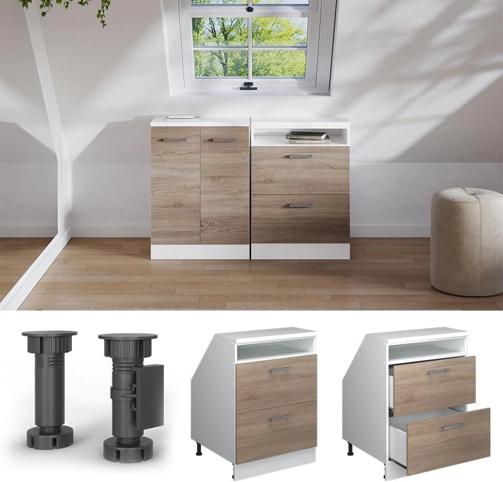 Mobile sottotetto Rion, Sonoma, 60 x 81.6 cm con 2 cassetti, carcassa 60 cm profondità, adatto per il salvaspazio sotto tetti spioventi