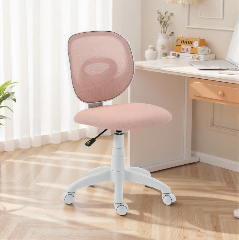 Sedia da ufficio ergonomica rosa con schienale a C, altezza regolabile e senza braccioli