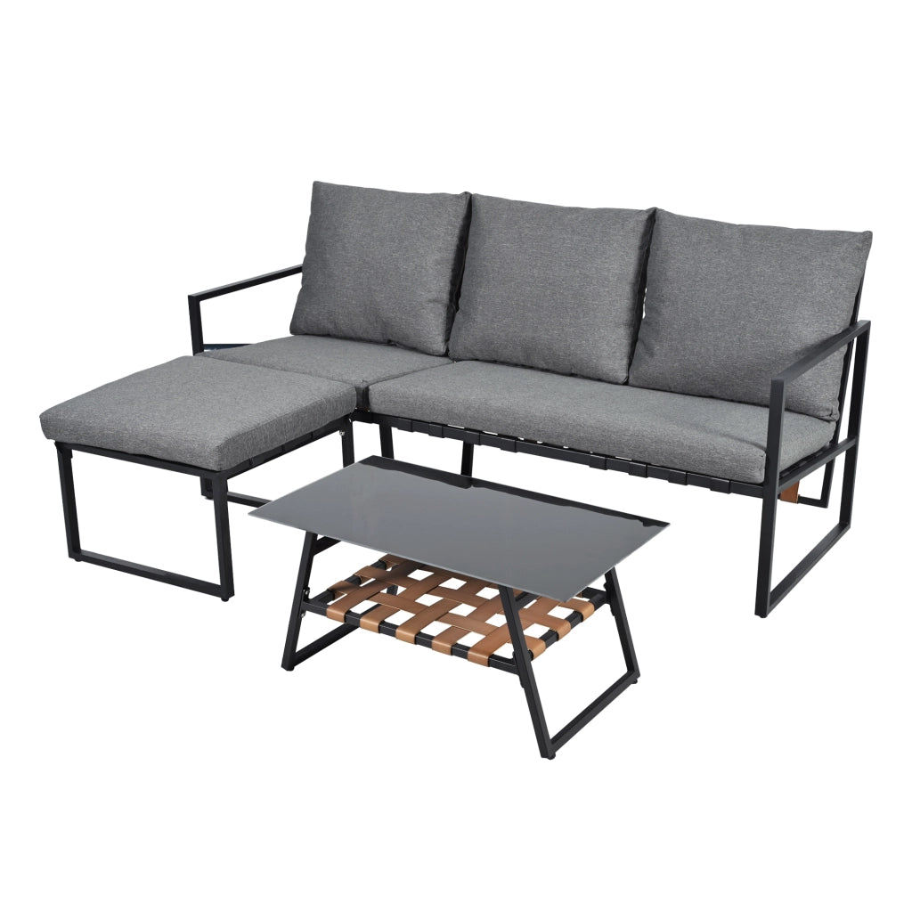 Set di mobili da giardino set d'angolo divano + tavolino da caff¨¨ + sgabello tubo in acciaio zincato piano tavolo in vetro adatto a giardini piscine e altre aree esterne grigio