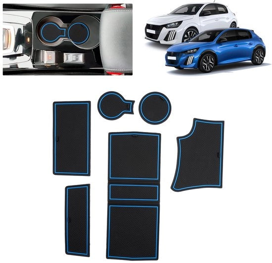 Materassini Antislip per Peugeot 208 E-208 (2020-2025) | Mattoncini in gomma originale per console centrale, contenitori porta-bevande e spaziatura porte | Adatto per Peugeot 208 e-208 GT Line (blu)