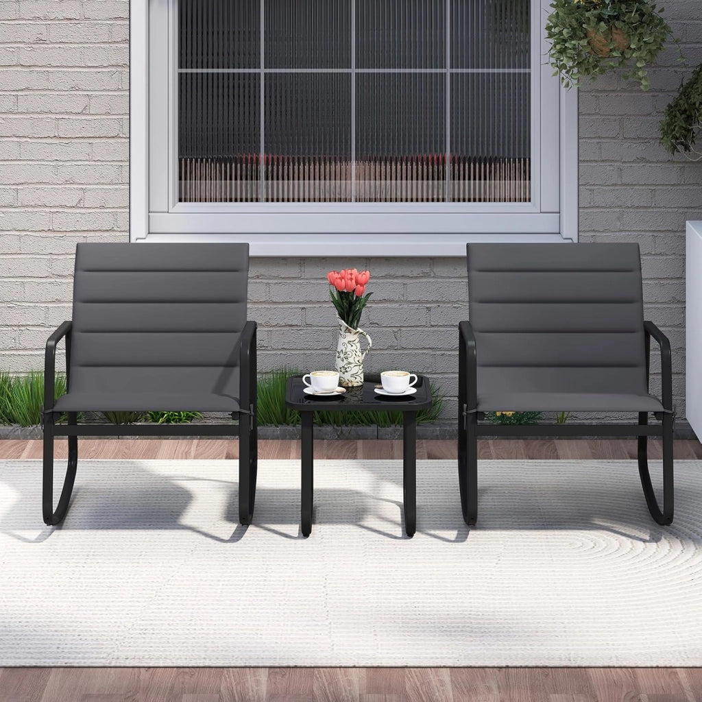 Set Tavolino e Sedie da Giardino con Cuscino, Set di Mobili a Dondolo, Set Bistrò 3 Pezzi, Tavolino in Vetro Temperato, Sedie in Textilene, per Giardino Cortile Piscina (Modello 2)