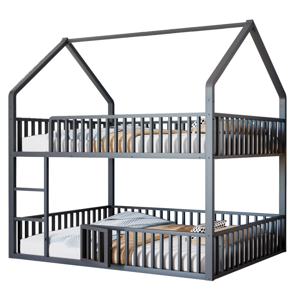 OKWISH Letto a Castello 140×200 cm, Letto Matrimoniale con Struttura a Casetta, Porta Ribaltabile e Scala Frontale, senza Materasso, in Metallo, Nero