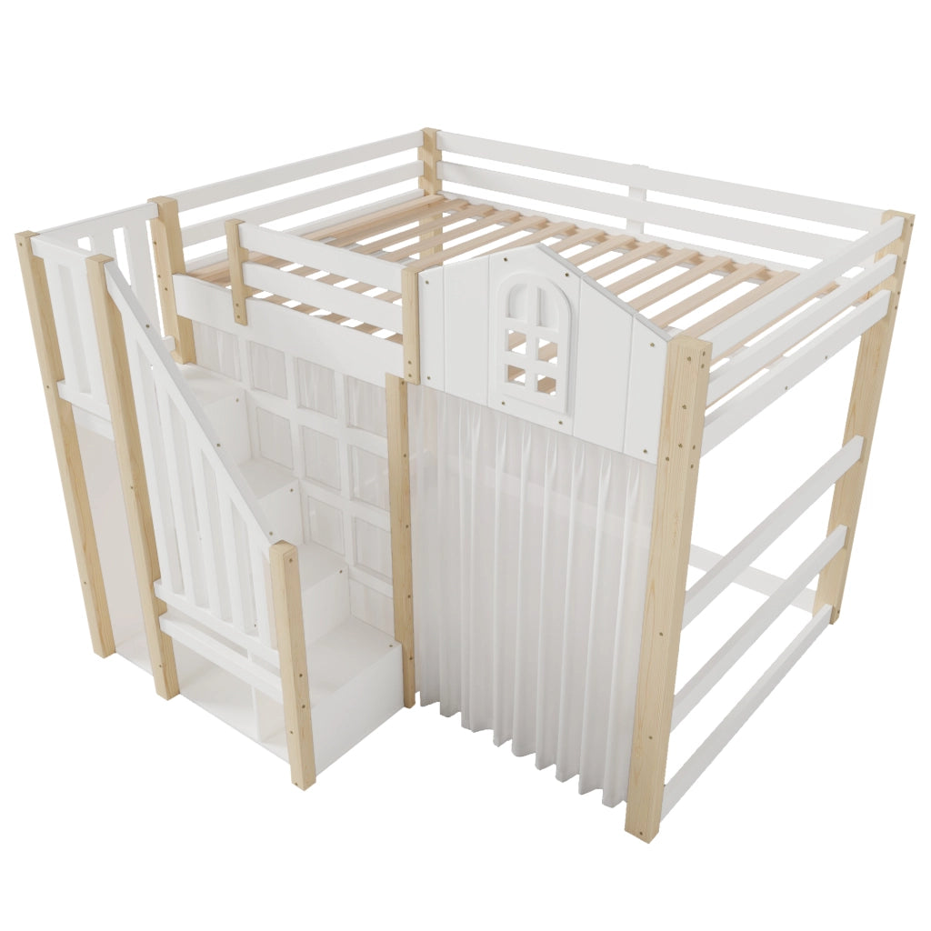 Letto a Soppalco 140x200 cm; con LED; Scala contenitore e finestra in Pino; Bianco e Naturale