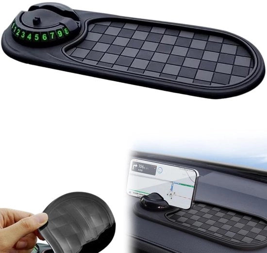 Mat antislip multifunzionale per auto con supporto per smartphone 360° girevole, accessori per auto con supporto per smartphone e numero di parcheggio per smartphone, supporto per chiavi.