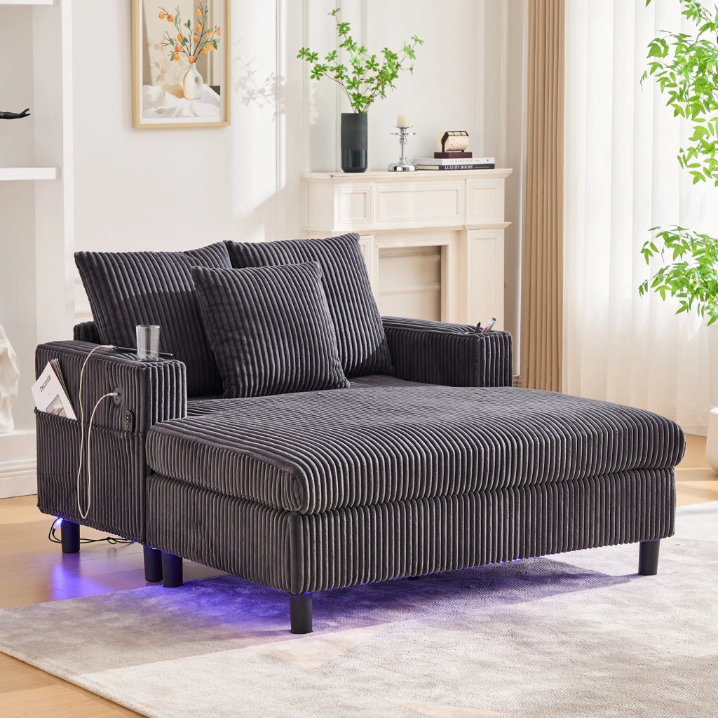 POLTRONA RELAX 142x128x85 cm in velluto a coste Grigio scuro con LED, USB e portabicchiere