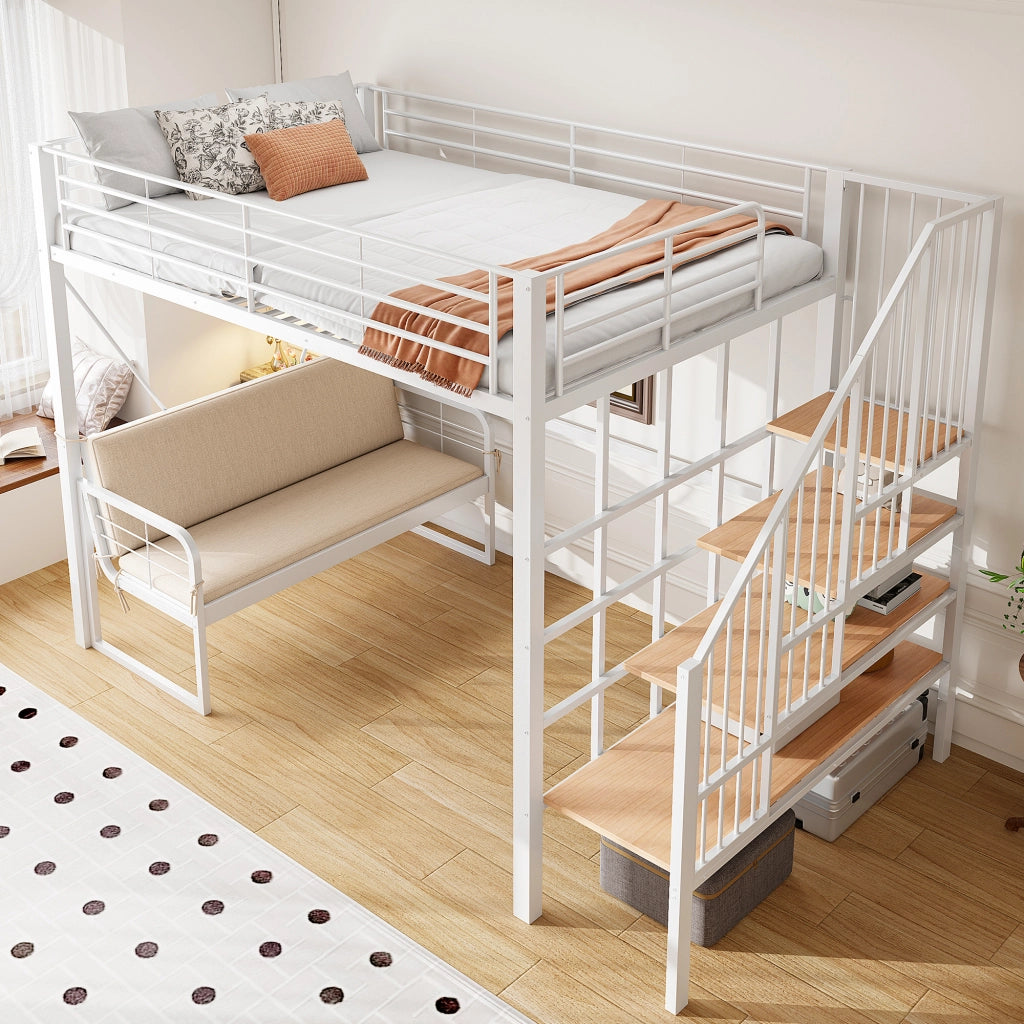 Letto a castello 140 × 200 cm con divano imbottito, scala con contenitore, senza materasso, bianco