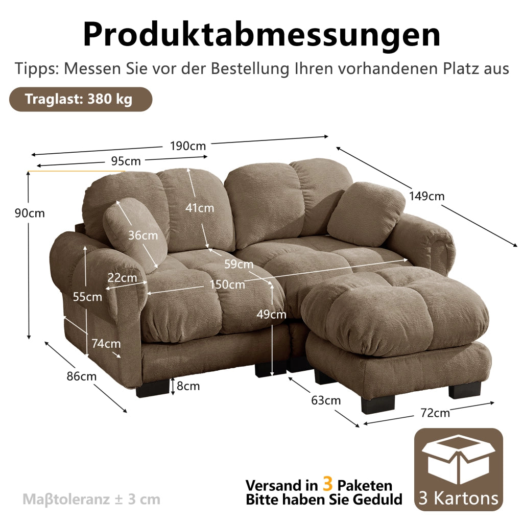 Divano angolare modulare 2 posti con pouf mobile e cuscini trapuntati in chenille marrone