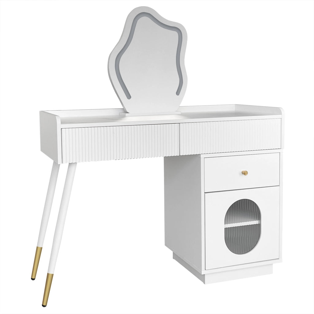 Tavolo da trucco con specchio LED e illuminazione, colore bianco, con due cassetti e mobile laterale, 100 x 75 x 40 cm