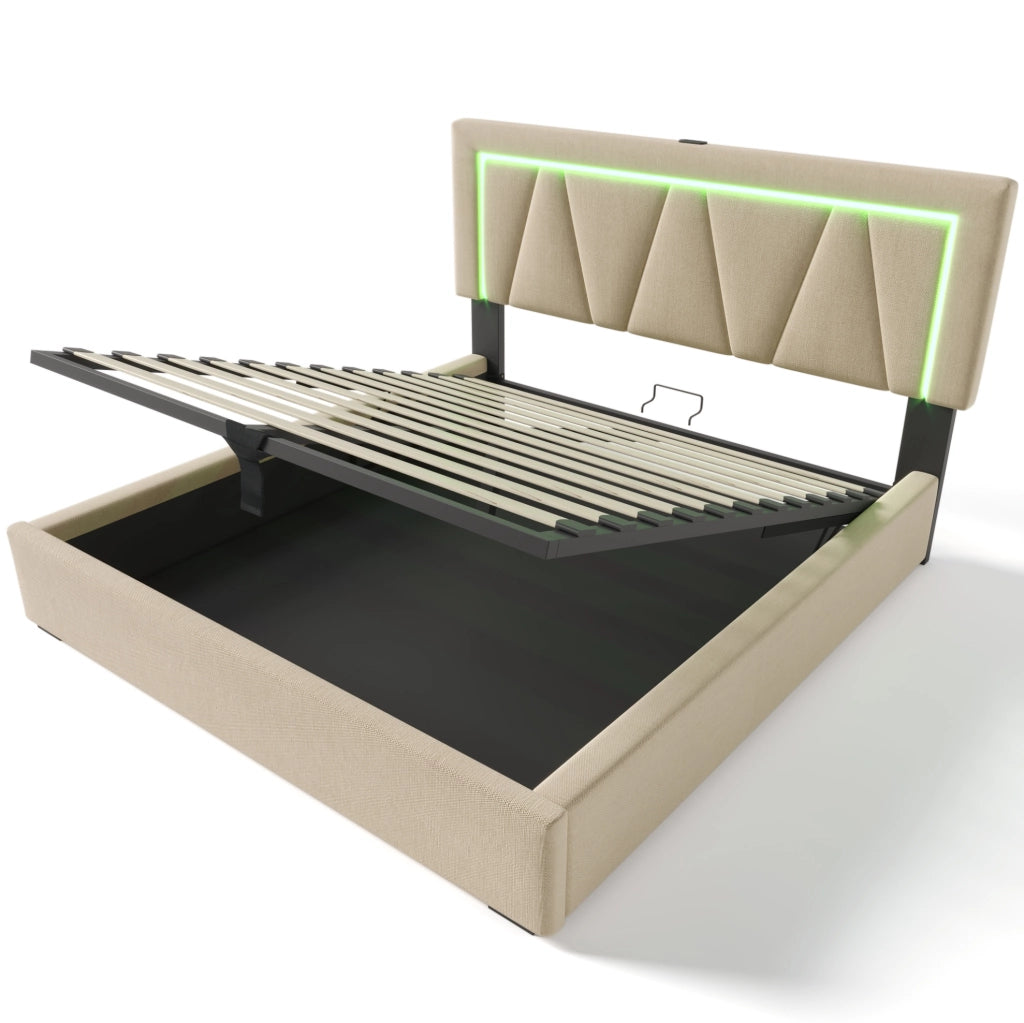 Letto imbottito con LED, USB e contenitore salvaspazio