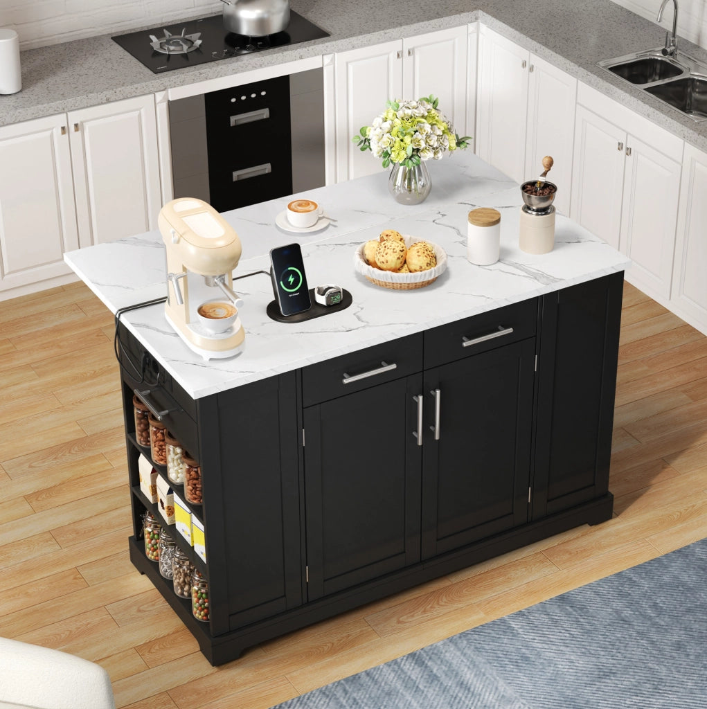 Isola cucina 138 cm con piano ribaltabile; ruote silenziose; presa EU; finitura nera