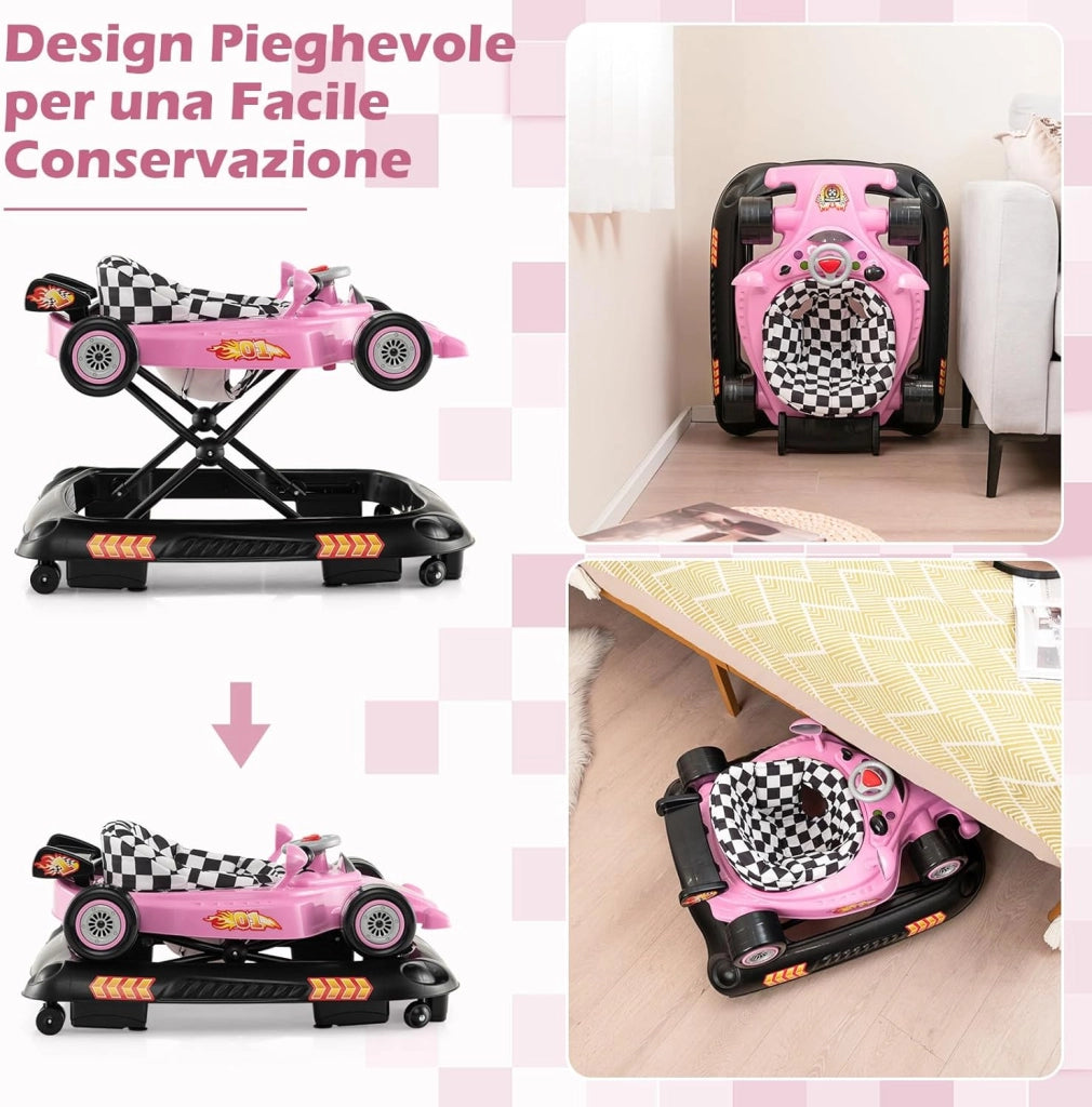 4 in 1 Girello per Bambini, Primi Bassi per Neonati con Altezza Regolabile, Girello Pieghevole con Vassoio Rimovibile, Musica e Luci, per Bambini 6+ Mesi (Rosa)