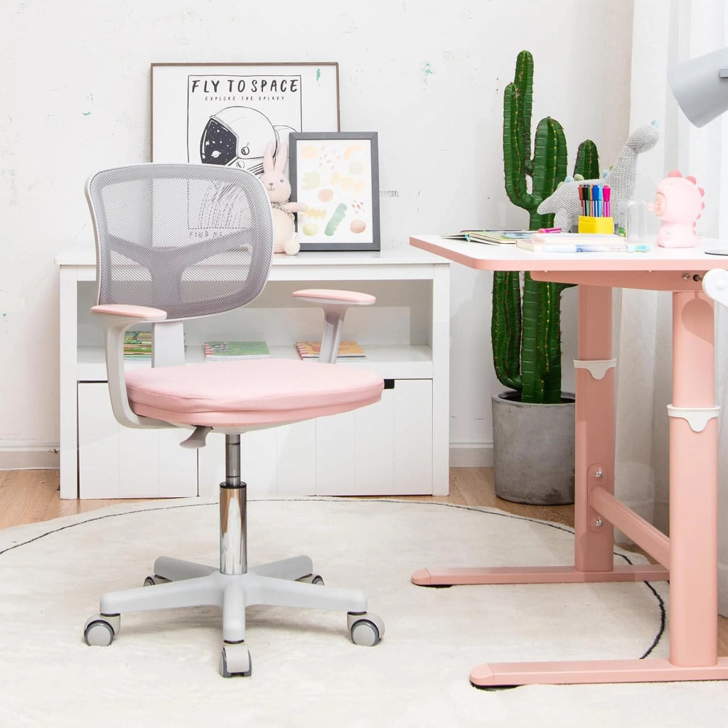 Sedia da scrivania per bambini, girevole a 360°, con seduta regolabile in altezza, 40-54 cm, per bambini, con schienale, braccioli e ruote, per bambini dai 3 ai 10 anni (rosa)