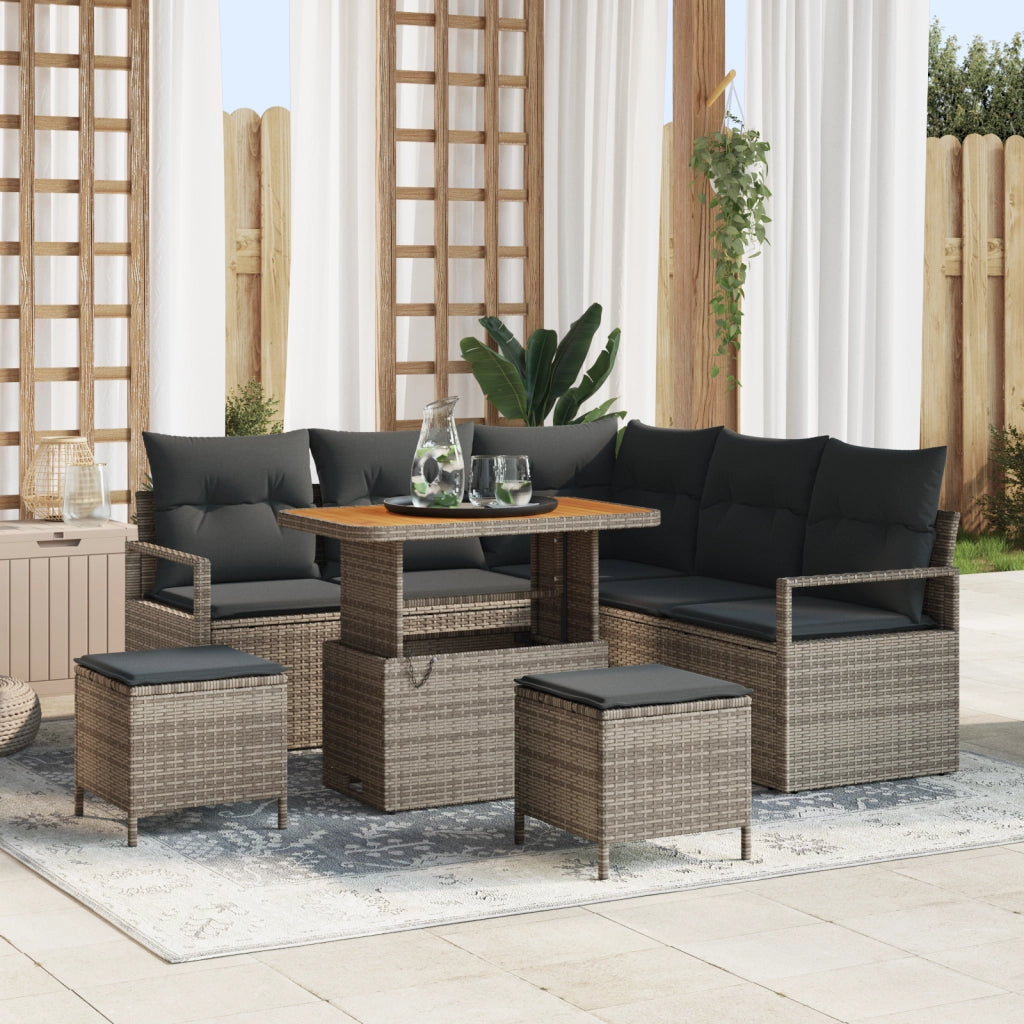 Set divani giardino 8 pezzi con cuscini grigi polyrattan acacia
