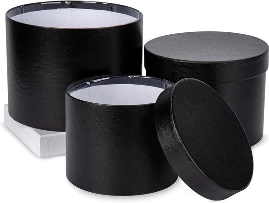 Set di 3 scatole regolari per fiori con confezione in alluminio con coperchio, scatole di cartone, cartone, scatola per gioielli, confezione per fiori, nero Ø15/17/20 cm