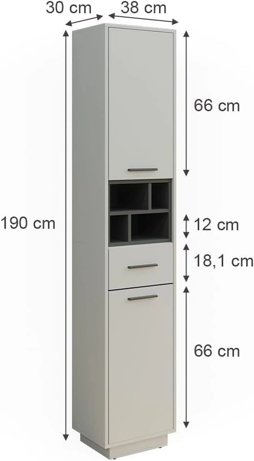 Armadio per il bagno Beatrice, Grigio/antracite, 38 x 190 cm Con ante, cassetti e scomparti, per la conservazione di articoli da bagno e compatibile con Beatrice