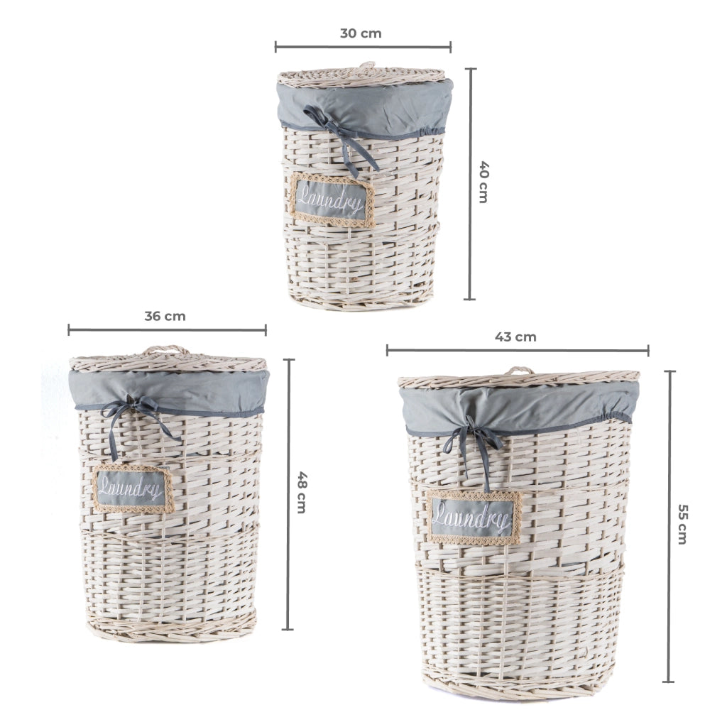 Set 3/5 Pezzi Ceste Portabiancheria in Vimini con Coperchio e Fodera Interna in Tessuto, Contenitori Multiuso per Bucato, Bagno, Lavanderia e Camera da Letto, Design Shabby Chic   3 Ceste QuincyTipo3