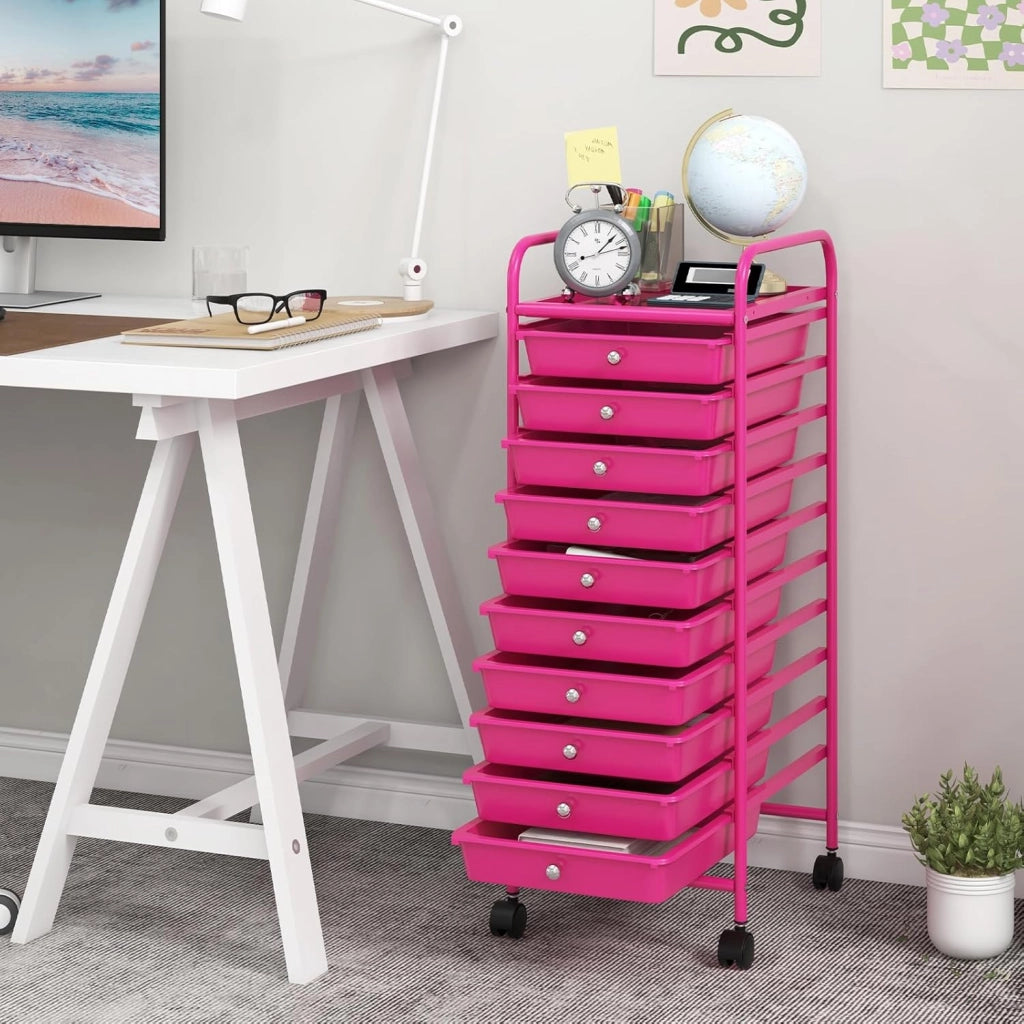 Carrello Portaoggetti con 10 Cassetti Impilabili, Struttura in Metallo e Ruote Bloccabili, Organizer Multiuso per Cucina e Ufficio