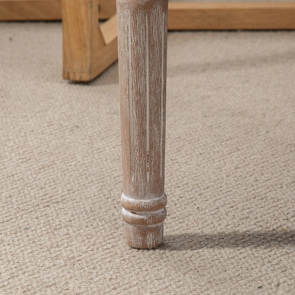 Sgabello imbottito in stile vintage francese, seduta in tessuto effetto lino, gambe in legno, crema bianco