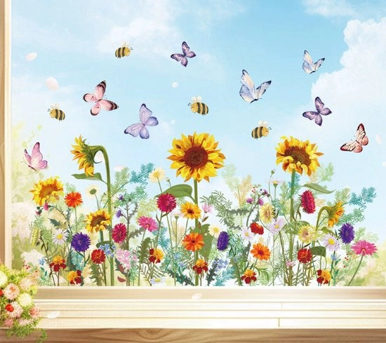 Sticker per finestra statico - fiore di campo - PVC - Fiore di campo a doppia faccia - Zinnia e farfalle - Per soggiorno e camera da letto adulta