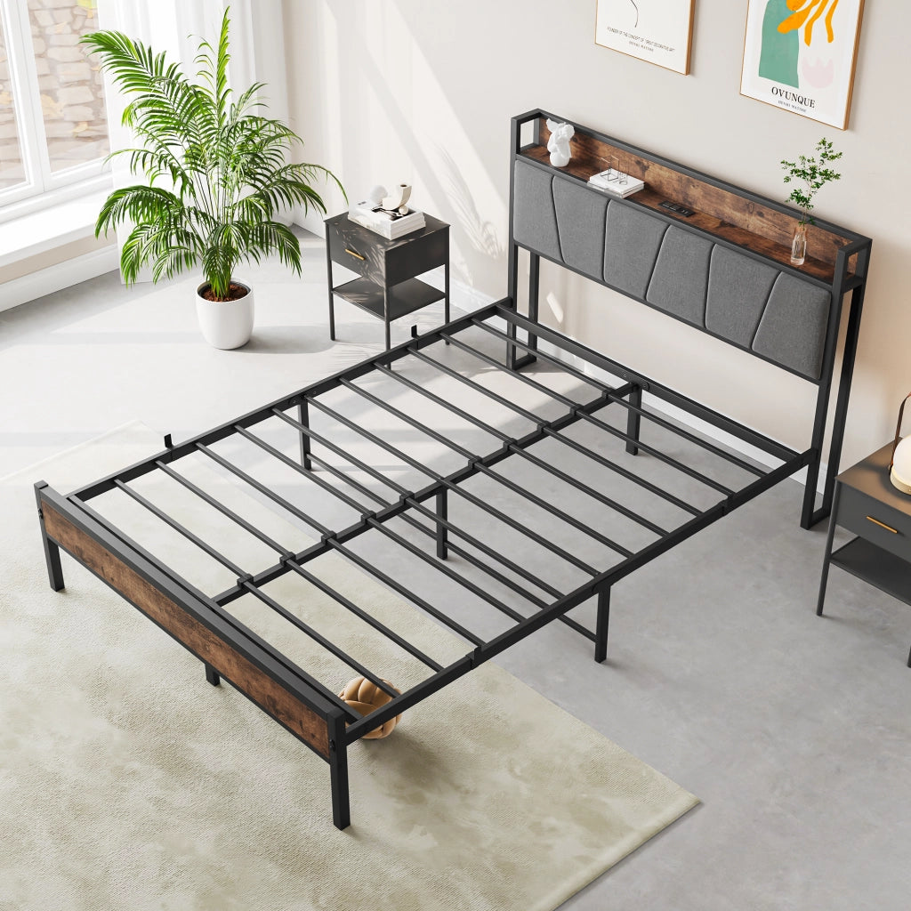 Struttura letto 120 × 200 cm con testiera contenitore; LED; USB e presa; metallo e MDF marrone antico