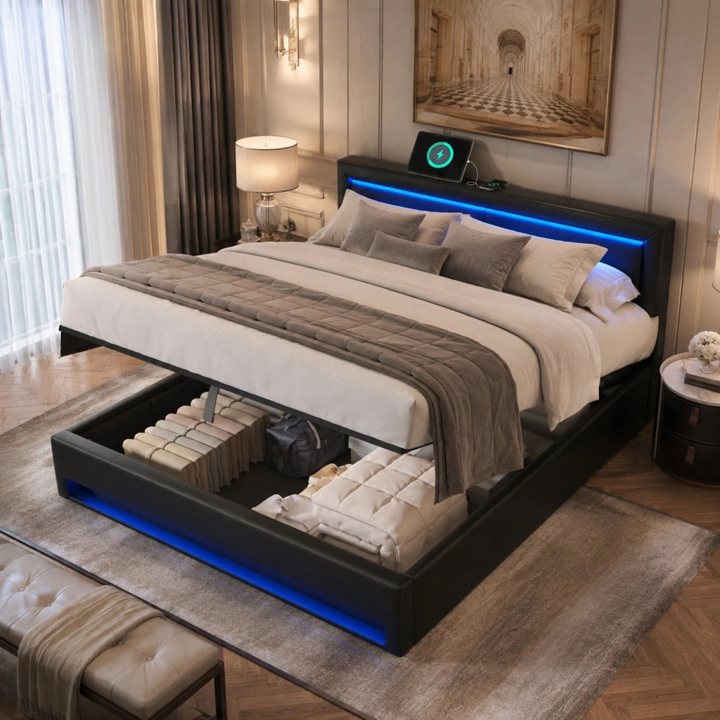 LETTO imbottito 140x190 cm PU nero con USB, LED e contenitore
